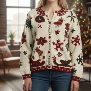 [L]VTG Jennifer Reed Holiday Ramie Blend Button Sweater Red Green Gold-As Is